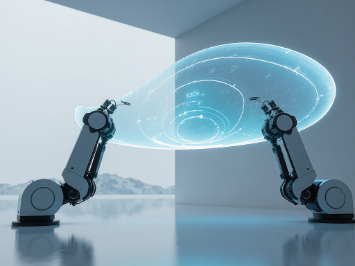 智能客服机器人界面，显示对话气泡和语音输入图标，浅蓝色背景，现代简约设计风格