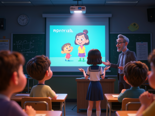 在线教育平台界面，显示教师语音讲解和学生互动区域，温馨教育场景背景