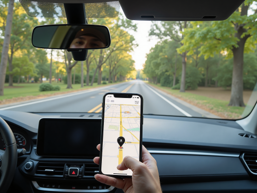 车载导航系统界面，显示路线规划和语音提示，车内驾驶场景背景