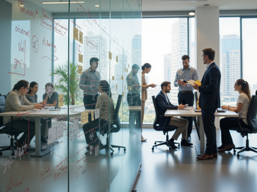 现代化办公室场景，团队成员正在讨论项目，玻璃隔断会议室，明亮自然光